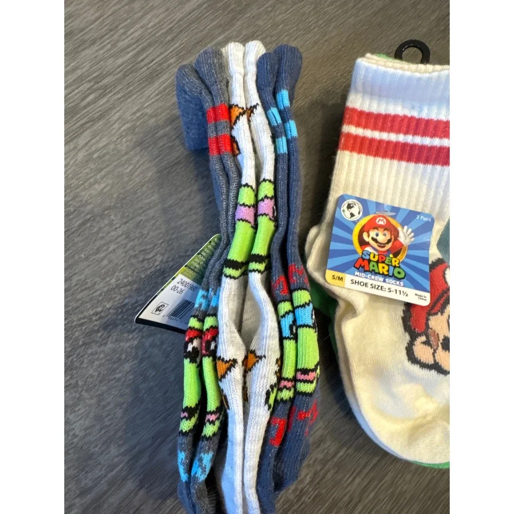New Kids Super Mario and TMNT Mid-Crew Socks 3 Pack Bundle Size S/M 5-11.5